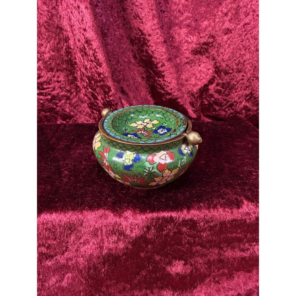 Vintage Chinese Cloisonne Enamel Brass Flip Top Ashtray Floral Incense Burner